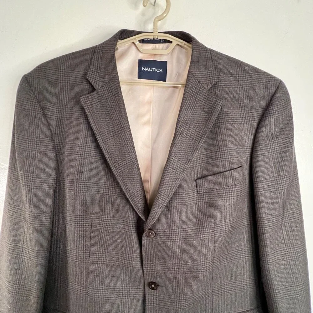 Nautica Mens Gray Tweed Plaid Wool Cashmere Blazer Jacket 46L Superior Tailoring